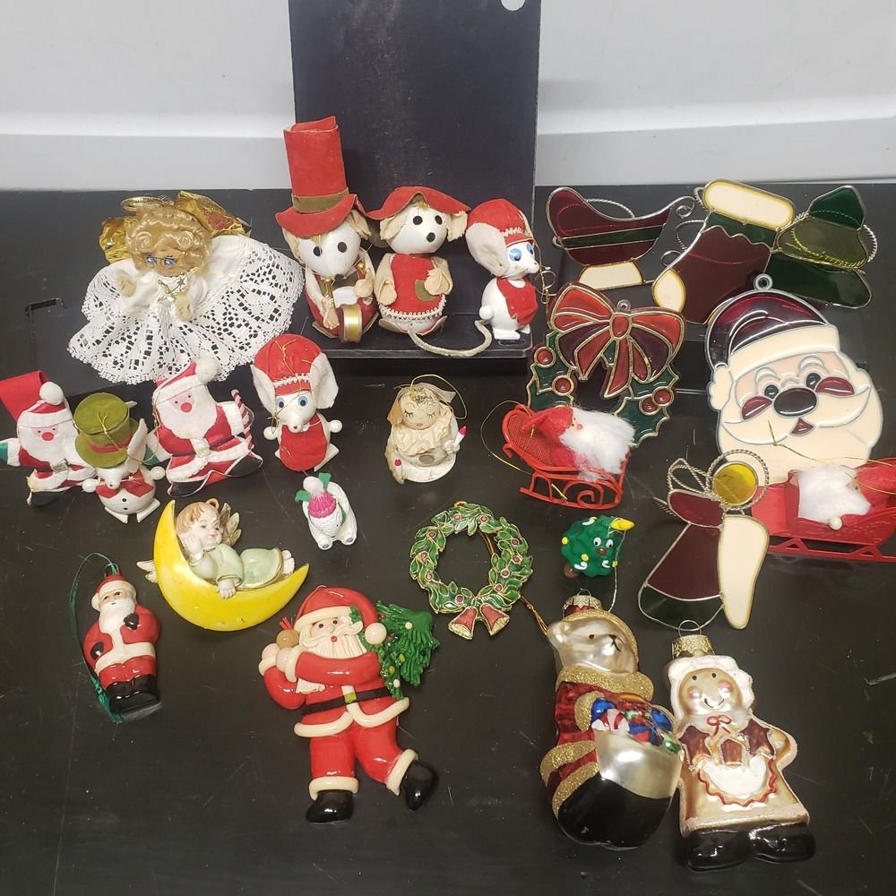 Vintage Christmas Ornaments Lot Stained Glass Mice Santa Angel Retro Kitsch MCM